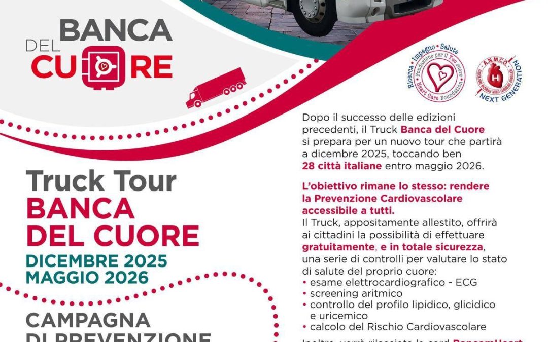 Prevenzione cardiovascolare gratuita in 28 città, riparte ‘Truck tour Banca del cuore’